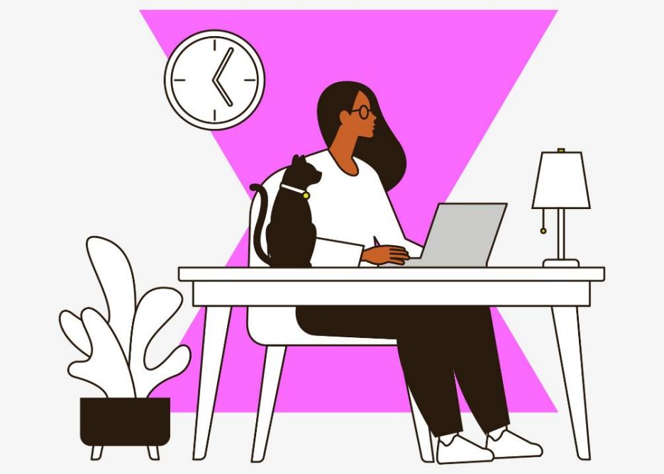 Illustration of woman at desk looking at laptop next to black cat infront of pink shape