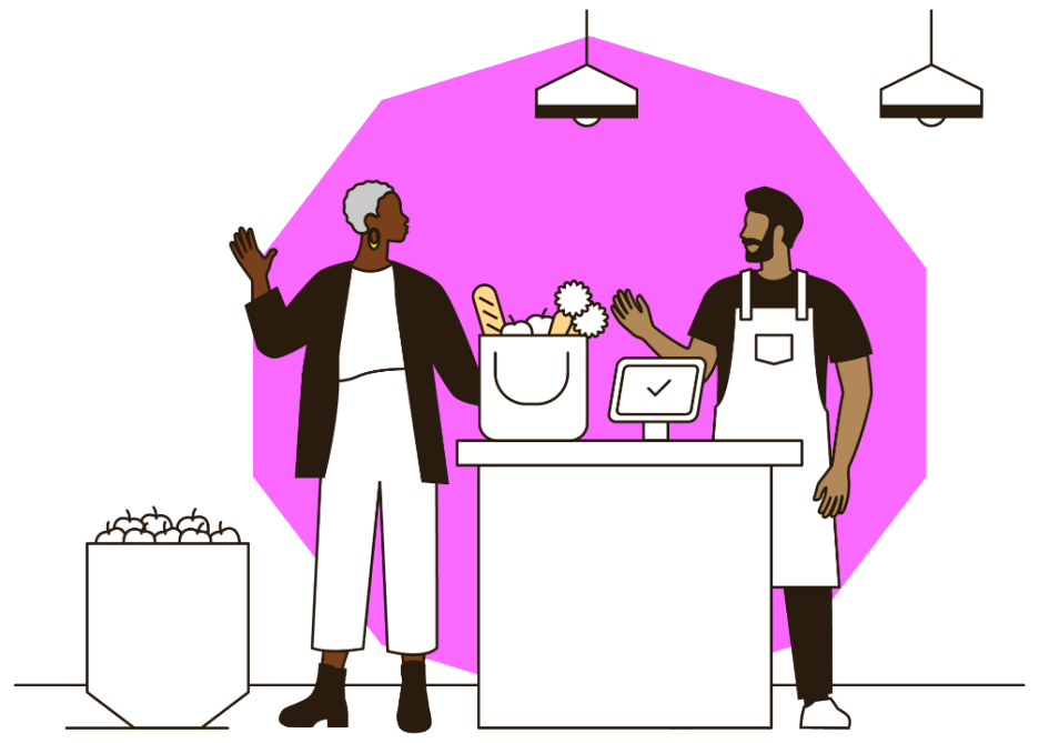 illustration of woman buying groceries from a male cashier