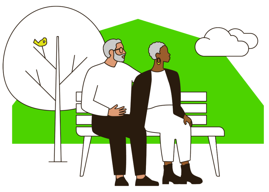 couple on a bench in front of green shape